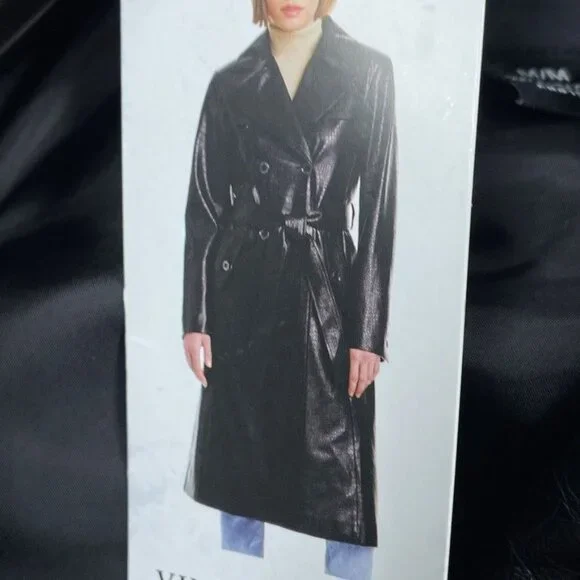 Vince Camuto Black Faux Leather Croc Trench Coat Double-Breasted Medium d0464 - Picture 6 of 10